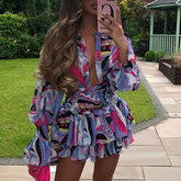 V-neck Printing Temperament Short Dresses For Women - kinko