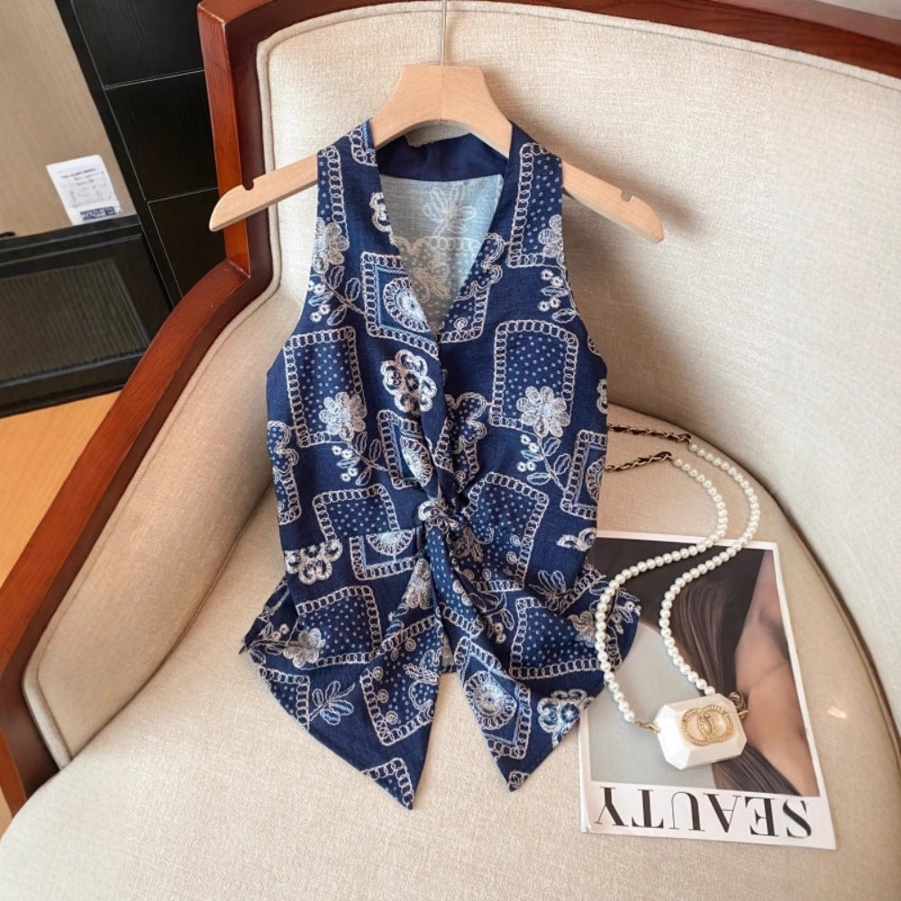 Red Sleeveless Floral Twist Sweet Spicy Waistcoat Top - kinko