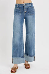 RISEN High Rise Ankle Wide Button Patch Pocket Cuffed Jeans - kinko
