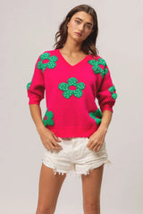BiBi Pearl Beads Flowers Sweater Top - kinko