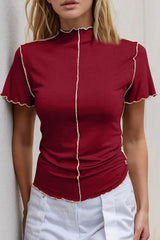 Basic Bae Contrast Trim Mock Neck Short Sleeve T-Shirt - kinko