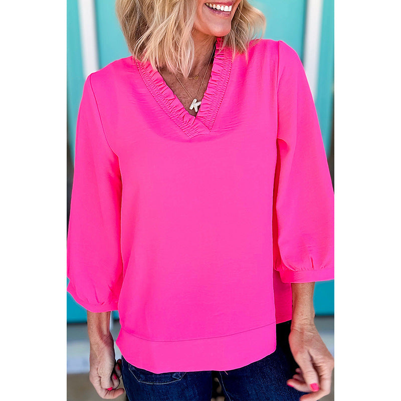 Solid Color And V-neck Women's Loose Casual Chiffon Shirt Top - kinko