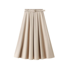 Retro High Waist A- Line Skirt Slimming Skirt Belt Attached - kinko