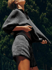 Collared Neck Contrast Striped Top and Shorts Sweater Set - kinko