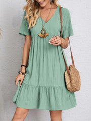 V-neck Short Sleeve Dress Summer Fashion Casual Loose Ruffled Dresses Beach Clothing Women - kinko