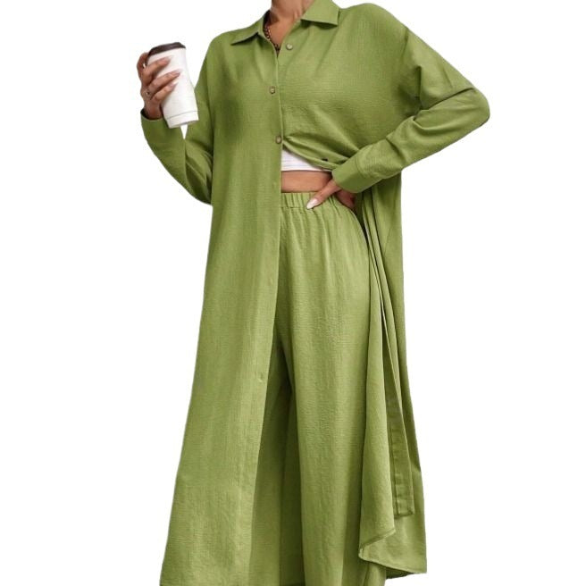 Plus Size Loose Long Shirt Wide Leg Pants Two-piece Set - kinko