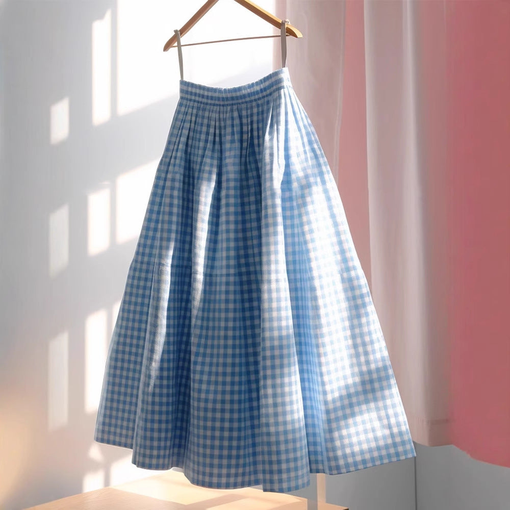 Women's Versatile French High Waisted A-line Plaid Linen Skirt - kinko