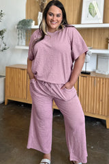 Double Take Full Size Texture Short Sleeve Top and Pants Set - kinko