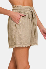 Zenana Washed Linen Frayed Hem Drawstring Shorts - kinko