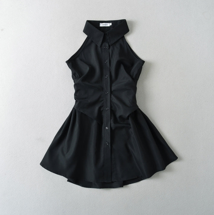 2024 Summer New Pure Desire Style Slim Fit Slimming Waist Pleating Sleeveless Shirt Dress Polo Collar Dress - kinko