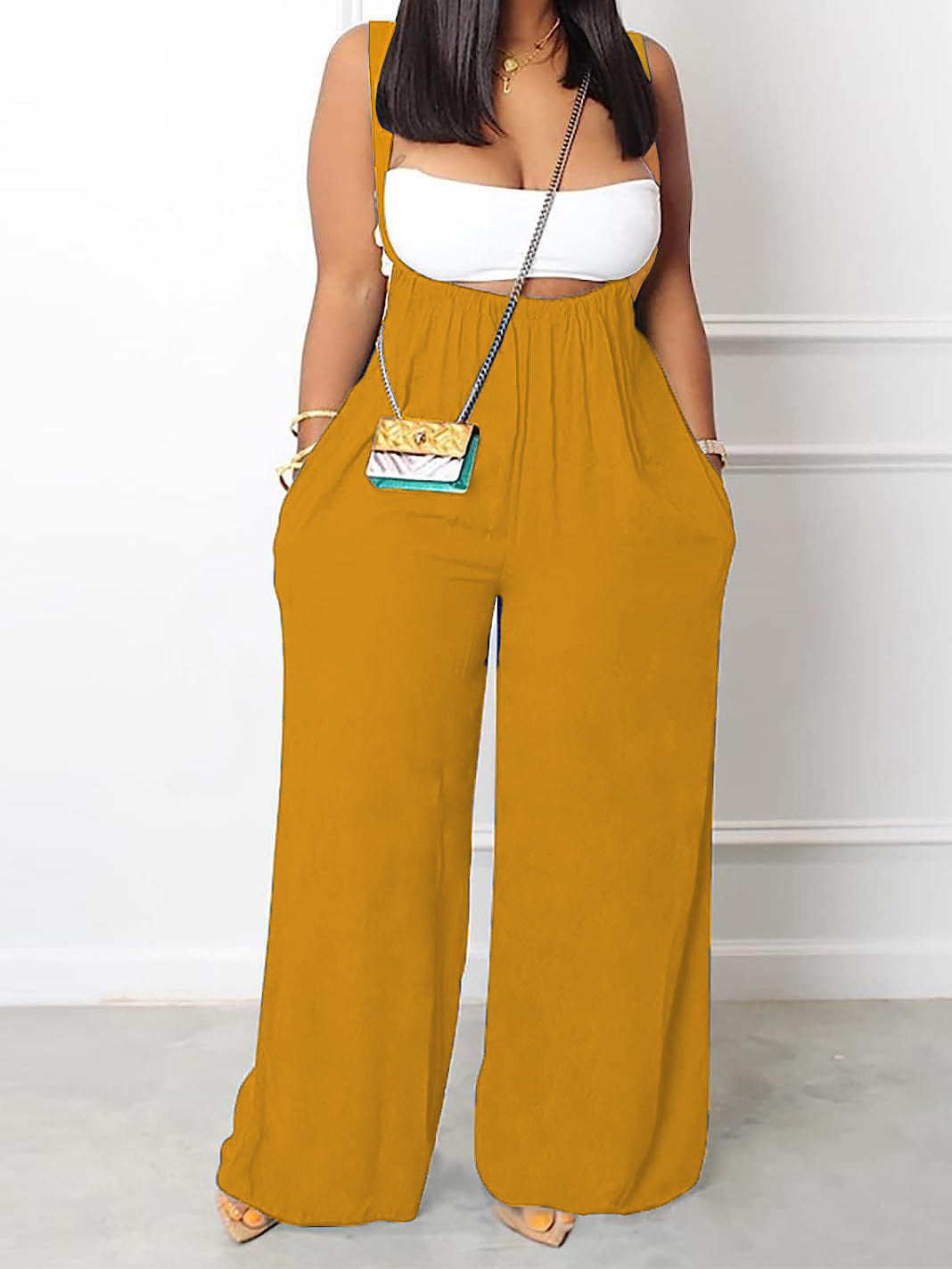 Plus Size Solid Color Pocket Overalls Casual Women's Pants - kinko