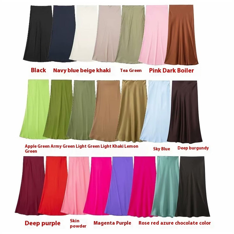 Solid Color Slim Silk Satin Texture Midi Skirt - kinko