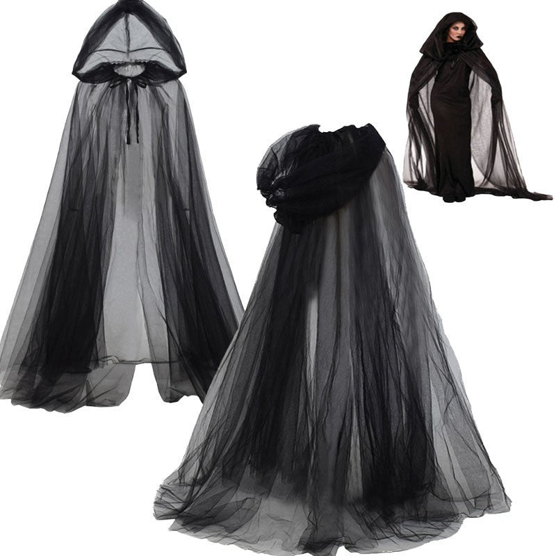 Halloween Ghost Hooded Cloak Death Witch Mesh Cloak Ball Performance Costume - kinko