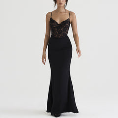 Lace High Waist Long Dress Deep V Strap Fishtail Gown - kinko
