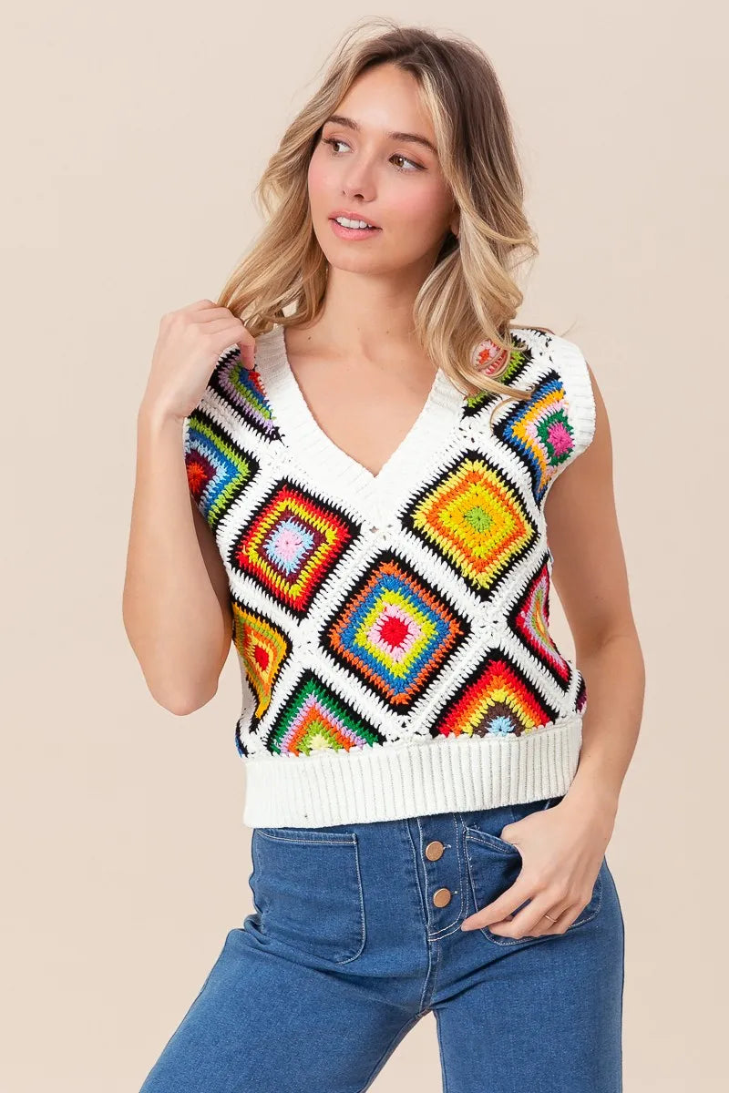 BiBi Diamond Granny Square Sweater Vest - kinko