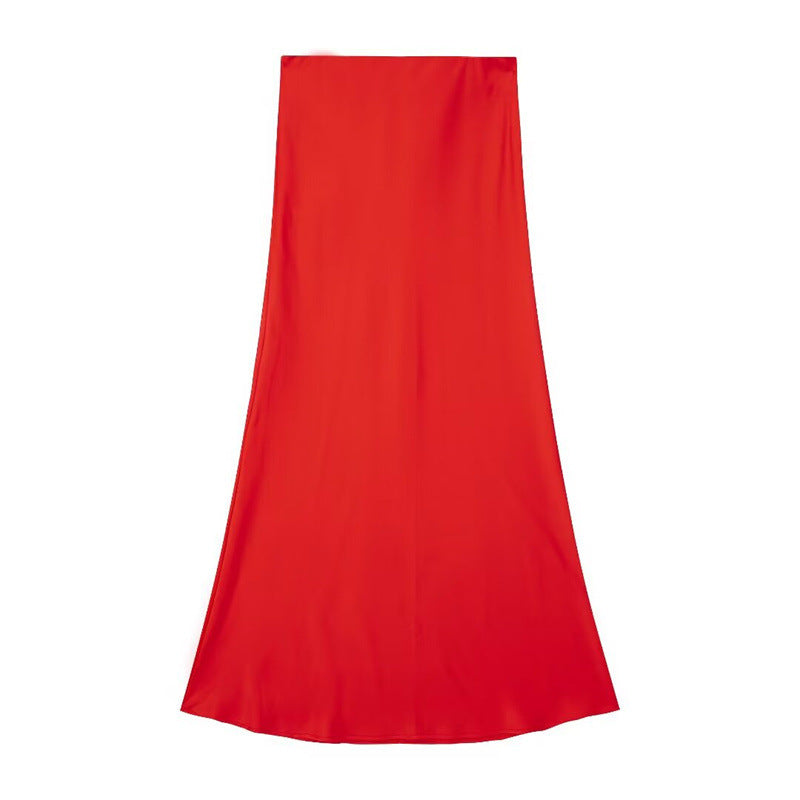 Solid Color Slim Silk Satin Texture Midi Skirt - kinko