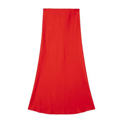 Solid Color Slim Silk Satin Texture Midi Skirt - kinko