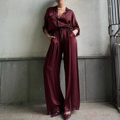 Lapel Long Sleeve Loose Shirt High Waist Trousers Two-piece Set - kinko
