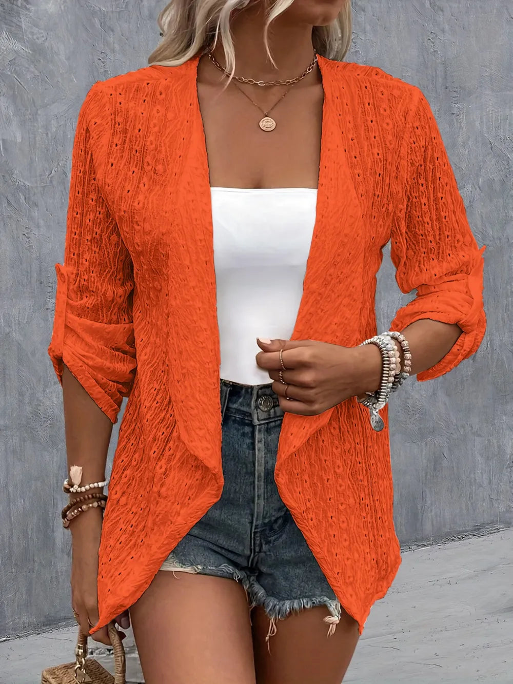 Eyelet Roll-Tab Sleeve Cardigan - kinko