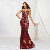Sling Off-neck Sheath Sequined Banquet Fishtail Evening Dress - kinko
