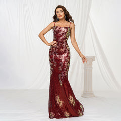 Sling Off-neck Sheath Sequined Banquet Fishtail Evening Dress - kinko