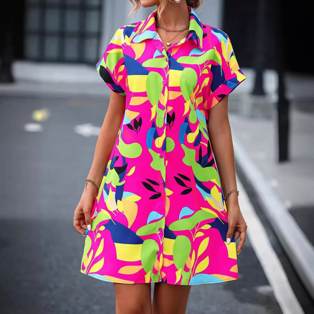 New Floral Print Short Sleeve Shirt Dress Summer Fashion Lapel Loose A-line Dresses For Womens Clothing - kinko