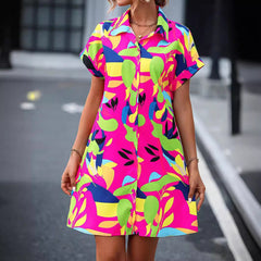 New Floral Print Short Sleeve Shirt Dress Summer Fashion Lapel Loose A-line Dresses For Womens Clothing - kinko