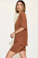 Basic Bae Full Size V-Neck Drop Shoulder T-Shirt and Shorts Set - kinko