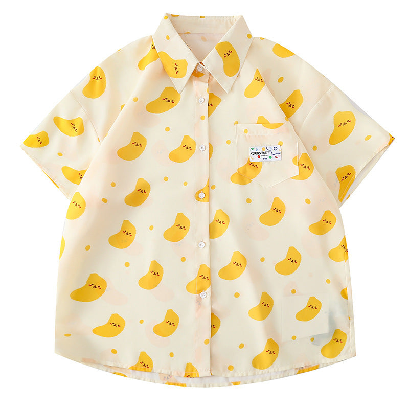 Women's Design Retro Hong Kong Style Printed Short-sleeved Shirt - kinko