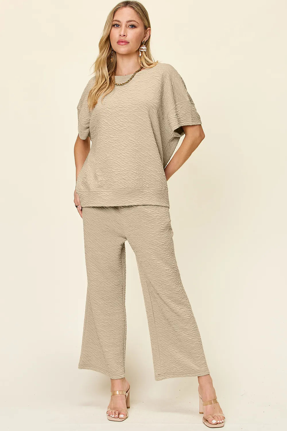 Double Take Full Size Texture Short Sleeve Top and Pants Set - kinko