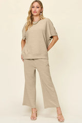 Double Take Full Size Texture Short Sleeve Top and Pants Set - kinko