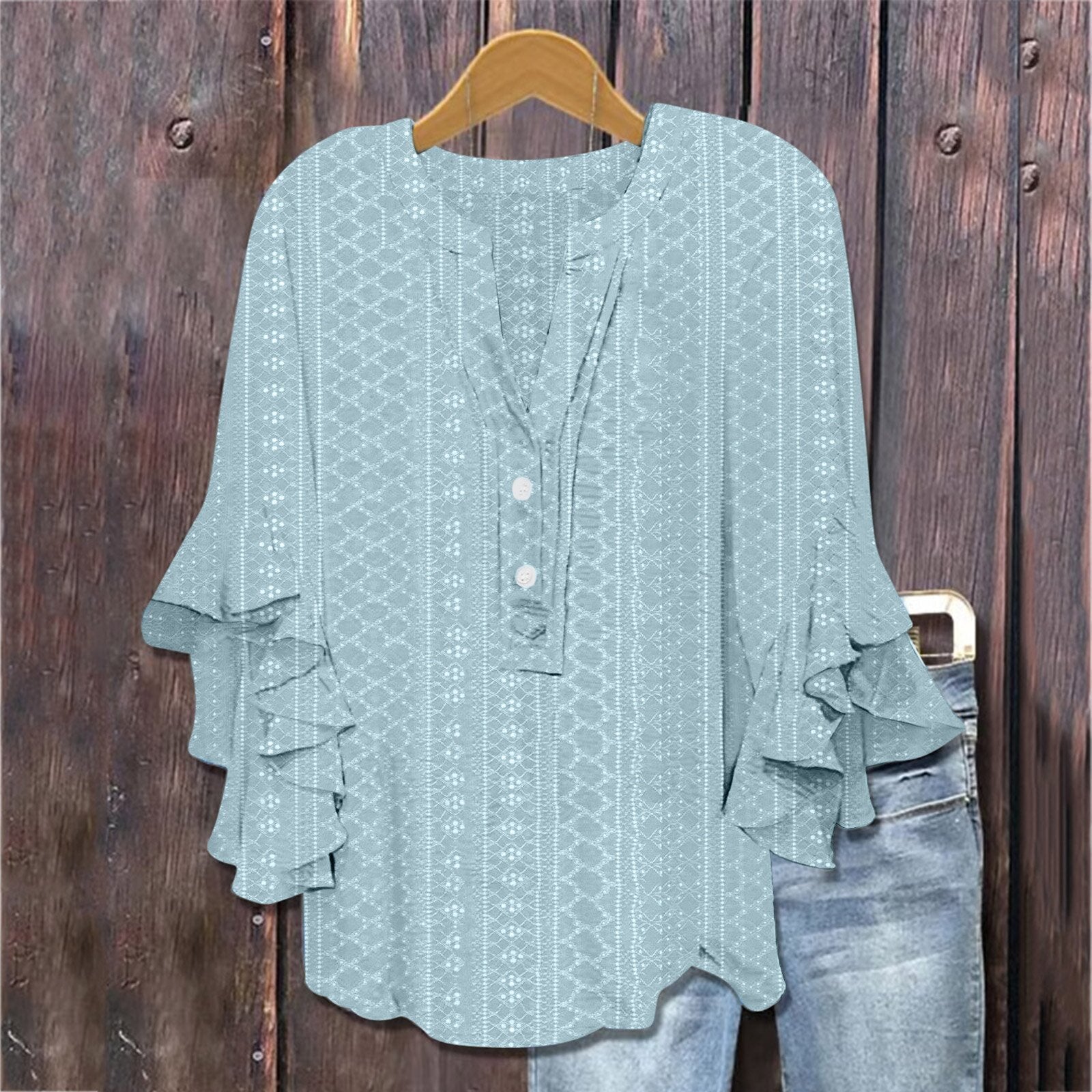 Printed Casual Trend V-neck Flounce Sleeve T-shirt - kinko