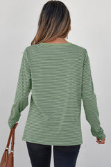 Green Stripe V Neck Stretchy Long Sleeve Top - kinko
