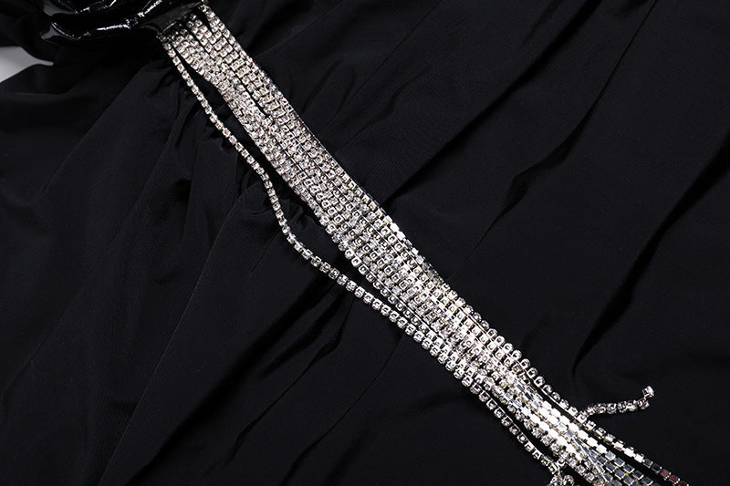 Sexy Backless Black Long Sleeve Hollow Flower Tassel Decoration Dress - kinko