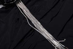 Sexy Backless Black Long Sleeve Hollow Flower Tassel Decoration Dress - kinko