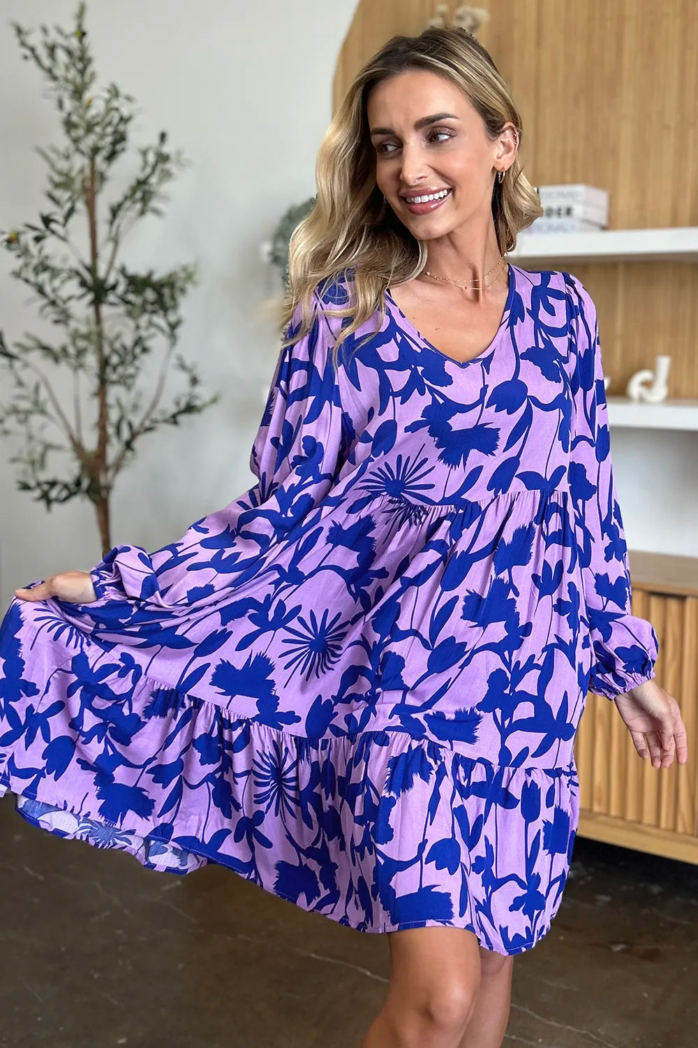 Double Take Full Size Printed Ruffle Hem Dress with Pocket - kinko