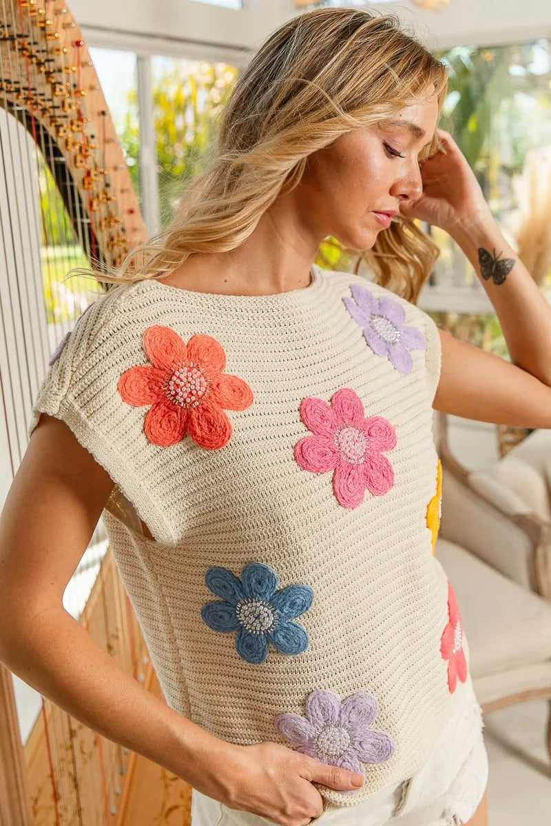 BiBi Multi Jeweled Crochet Flower Patch Sweater Vest - kinko