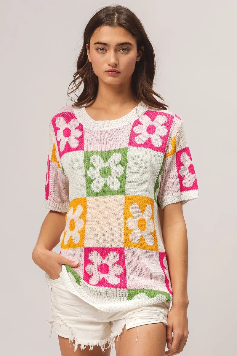 BiBi Flower Checker Pattern Lightweight Sweater Top - kinko