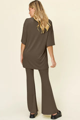 Double Take Full Size Round Neck Drop Shoulder T-Shirt and Flare Pants Set - kinko