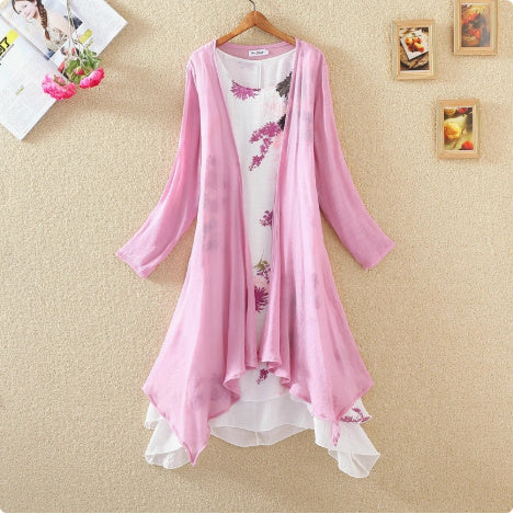 Long Sleeves Outer Match Shawl Mid-length Cotton And Linen Printed Irregular Dress - kinko