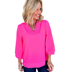 Solid Color And V-neck Women's Loose Casual Chiffon Shirt Top - kinko