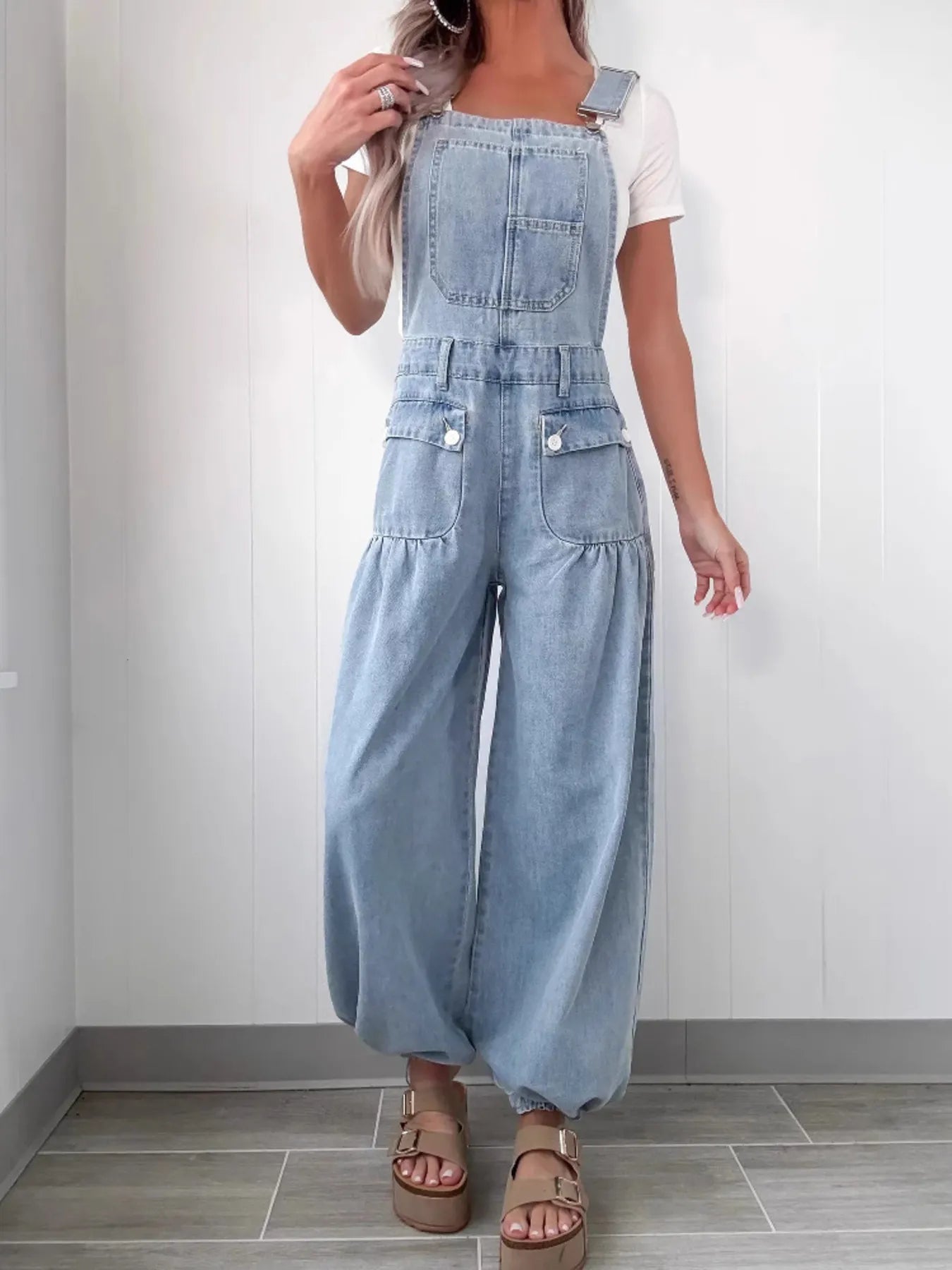 Wide Leg Denim Overalls - kinko