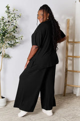 Double Take Full Size Round Neck Slit Top and Pants Set - kinko