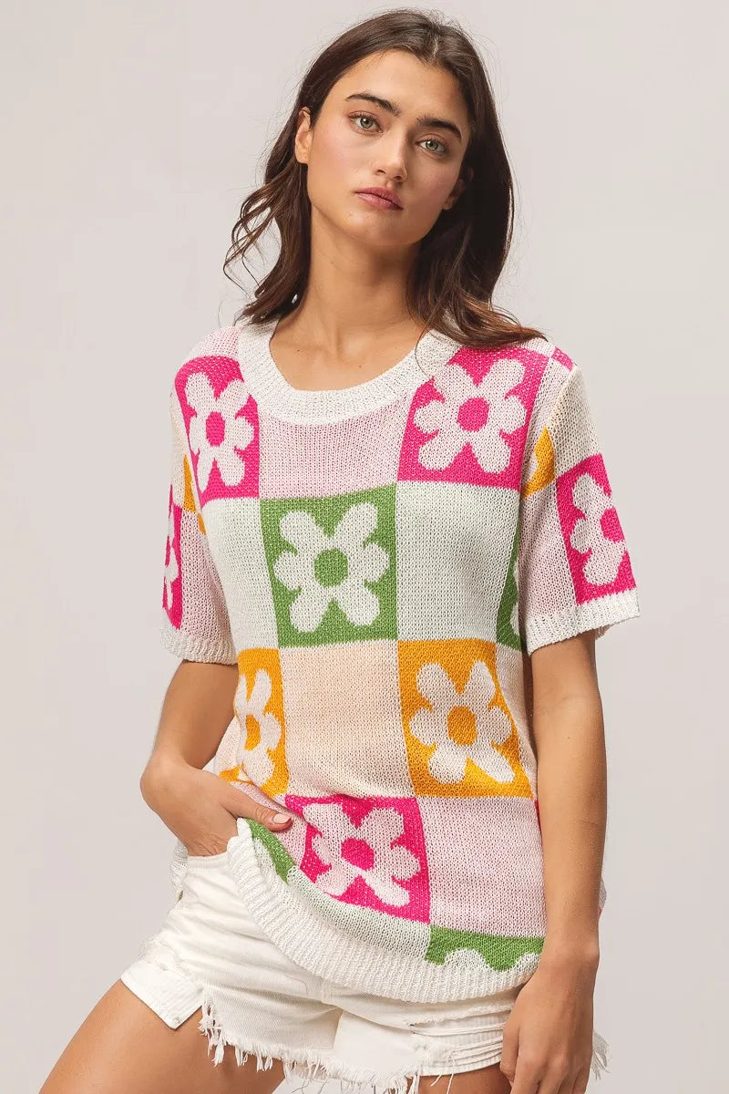 BiBi Flower Checker Pattern Lightweight Sweater Top - kinko