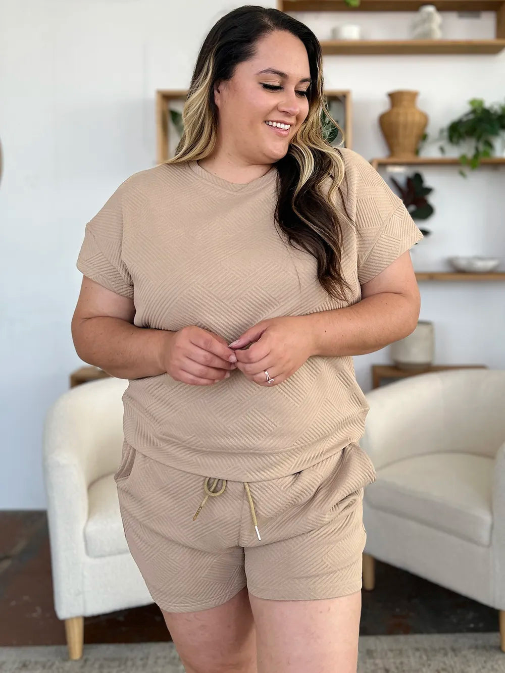 Double Take Full Size Texture Short Sleeve T-Shirt and Drawstring Shorts Set - kinko