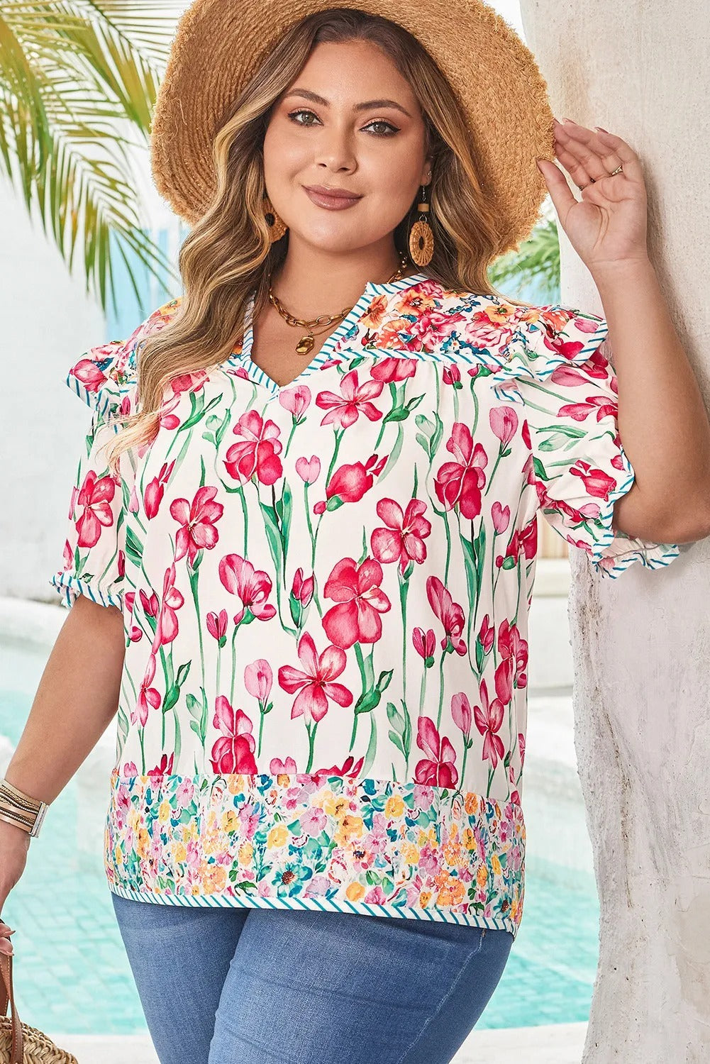 Plus Size Floral Print Striped Trim V Neck Blouse - kinko