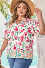 Plus Size Floral Print Striped Trim V Neck Blouse - kinko