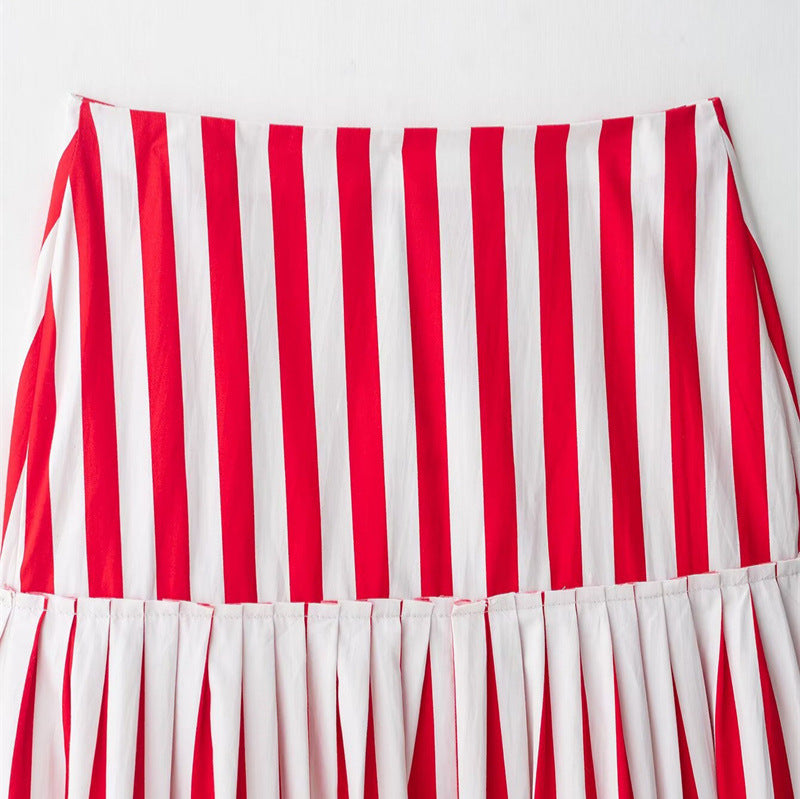 Fashion Striped Lace-up Half-length Midi Dress - kinko