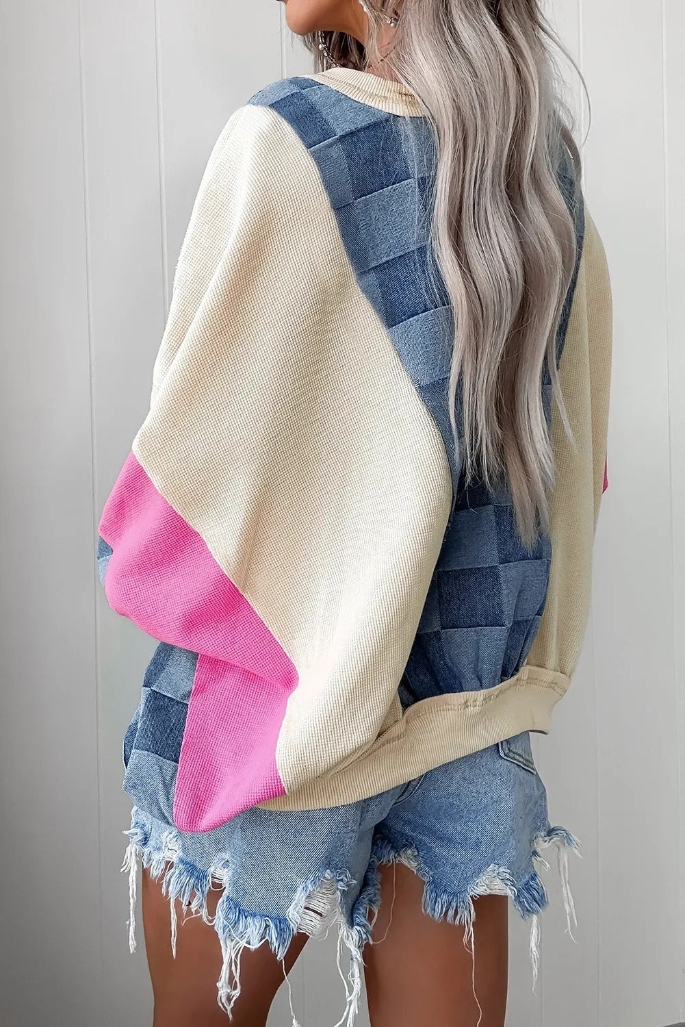 Sky Blue Oversized Checkered Denim Exposed Seam Patchwork Casual Sweatshirt - kinko