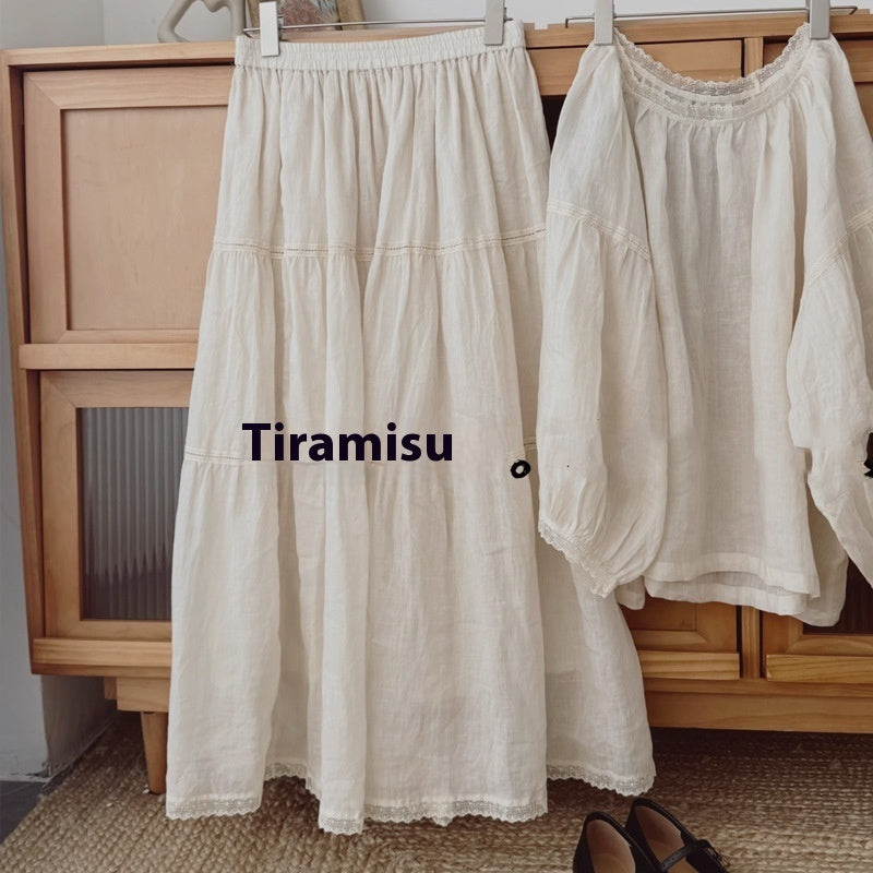 Women's Solid Color Ramie Round Neck Eight Quarter Sleeved Shirt - kinko